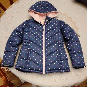 Puffy Girls Jacket in size 10-12 (LG) Blue with polka dots. Warm and Adorable